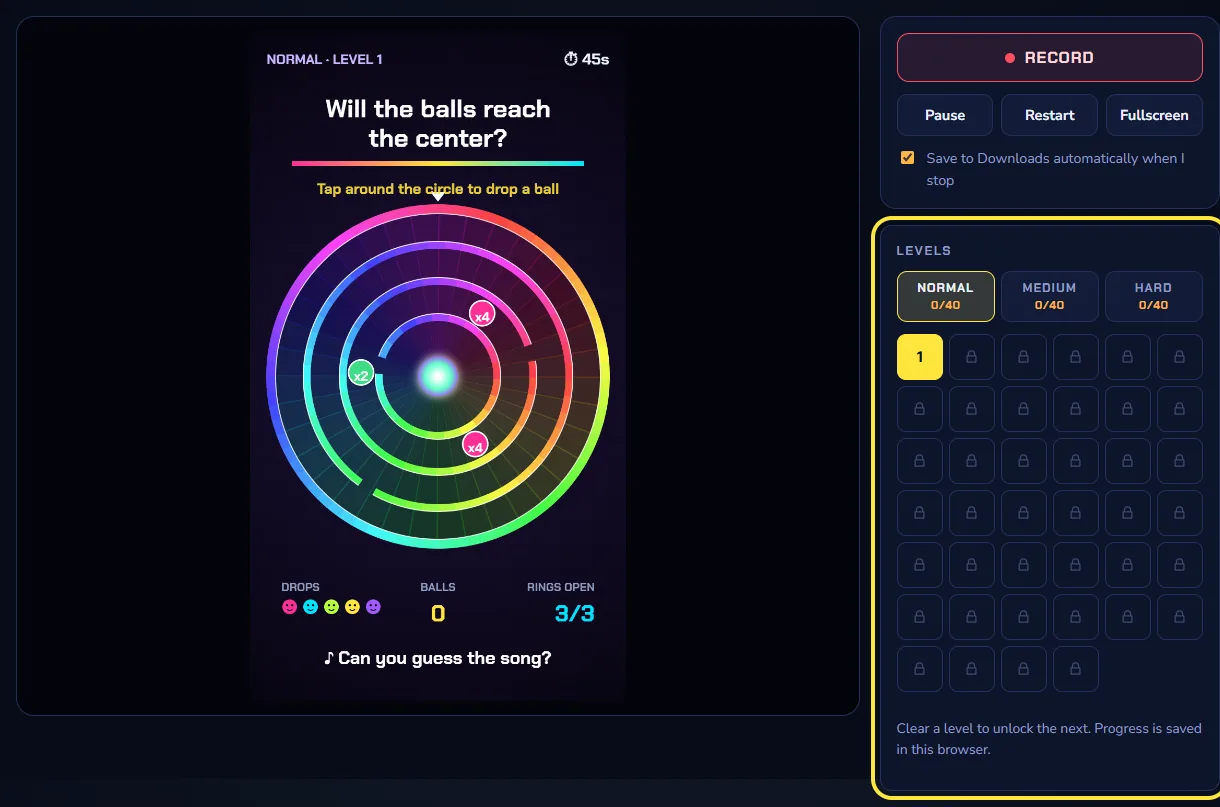 Step 2: Choose a level. Level games have Normal, Medium and Hard. Clear a level to unlock the next one; your progress is saved in this browser, so you carry on where you stopped.