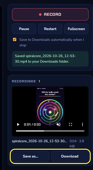 Step 4: Stop and save the MP4. Press Stop. The MP4 video downloads to your Downloads folder and appears under Recordings, where Save as… lets you pick another folder.